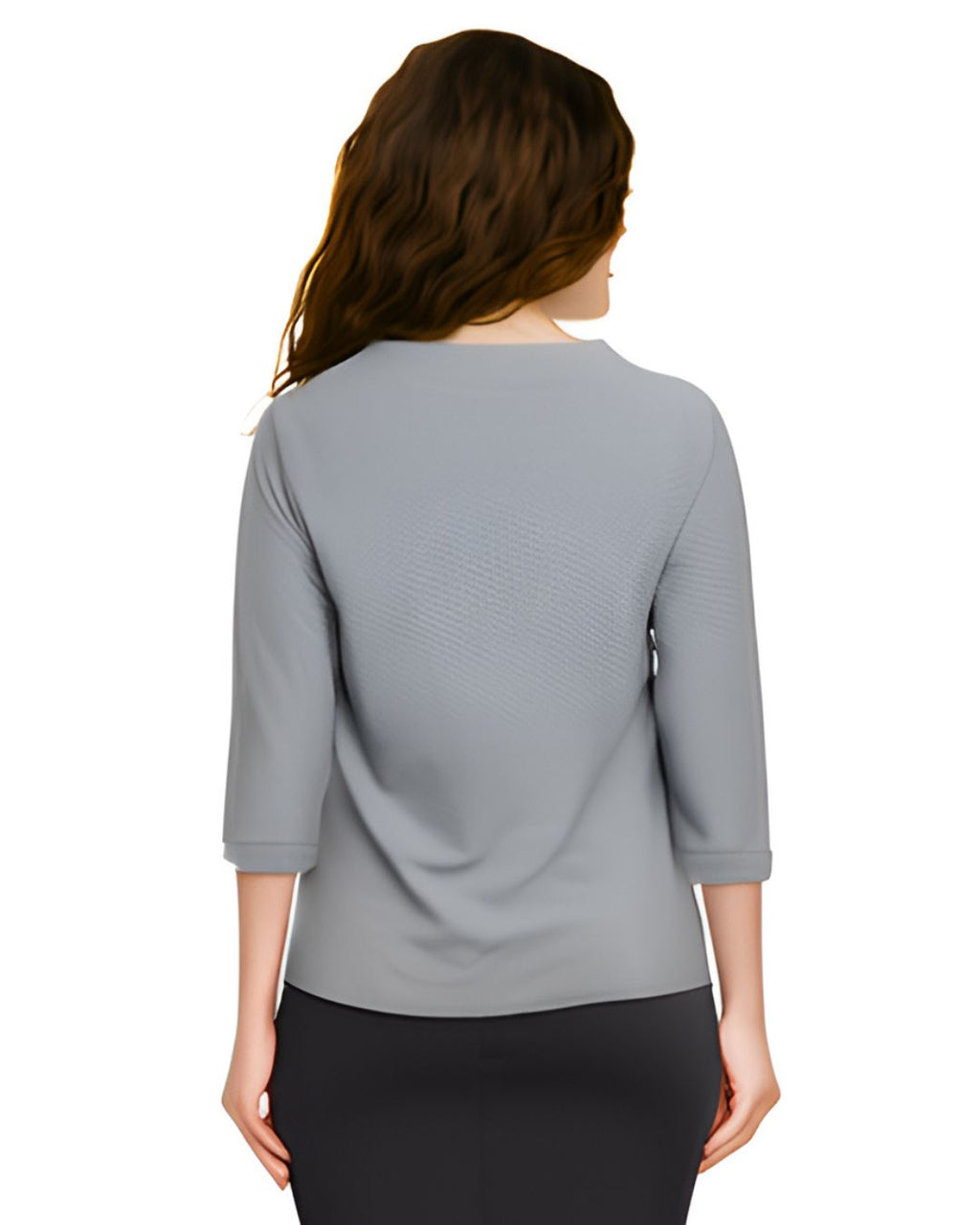 Asymmetric Waffle Knit T-Shirt with Elongated Front Hem - 3/4 Sleeve High Neck Women's Top