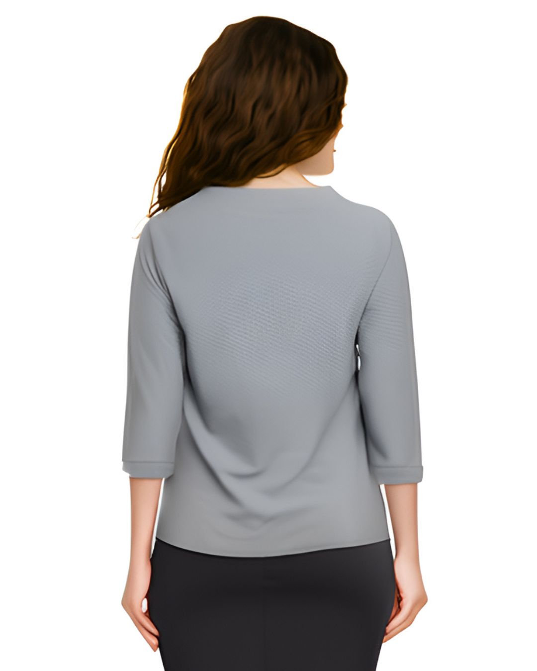 Asymmetric Waffle Knit T-Shirt with Elongated Front Hem - 3/4 Sleeve High Neck Women's Top