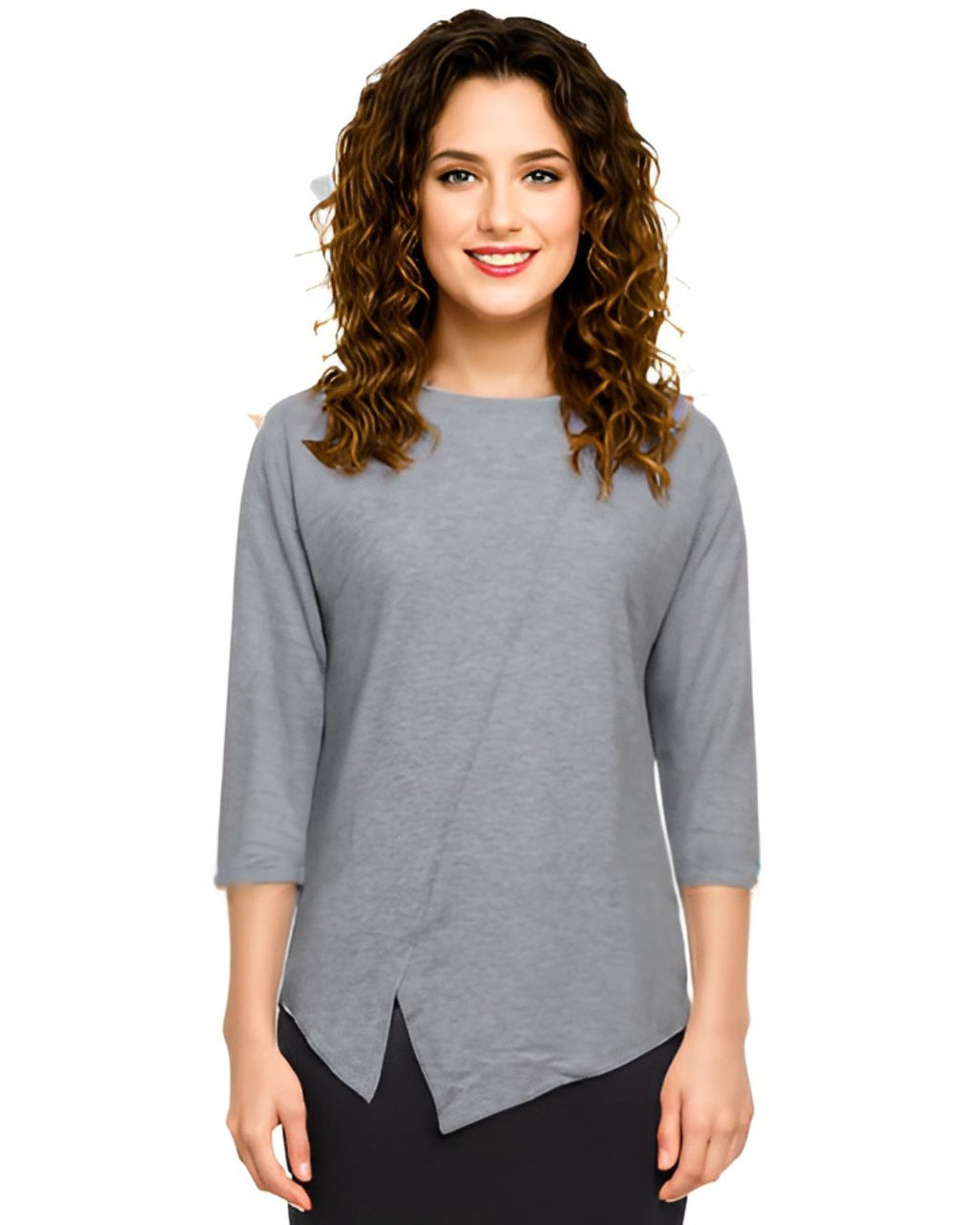 Asymmetric Waffle Knit T-Shirt with Elongated Front Hem - 3/4 Sleeve High Neck Women's Top