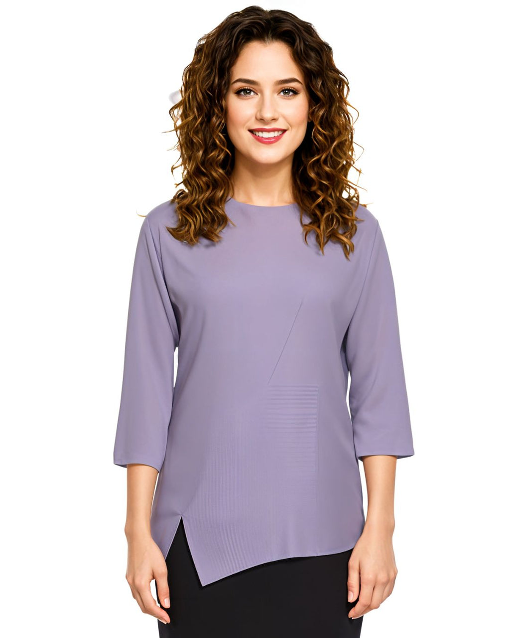 Asymmetric Waffle Knit T-Shirt with Elongated Front Hem - 3/4 Sleeve High Neck Women's Top