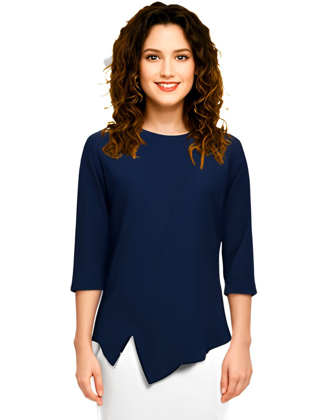 Asymmetric Waffle Knit T-Shirt with Elongated Front Hem - 3/4 Sleeve High Neck Women's Top