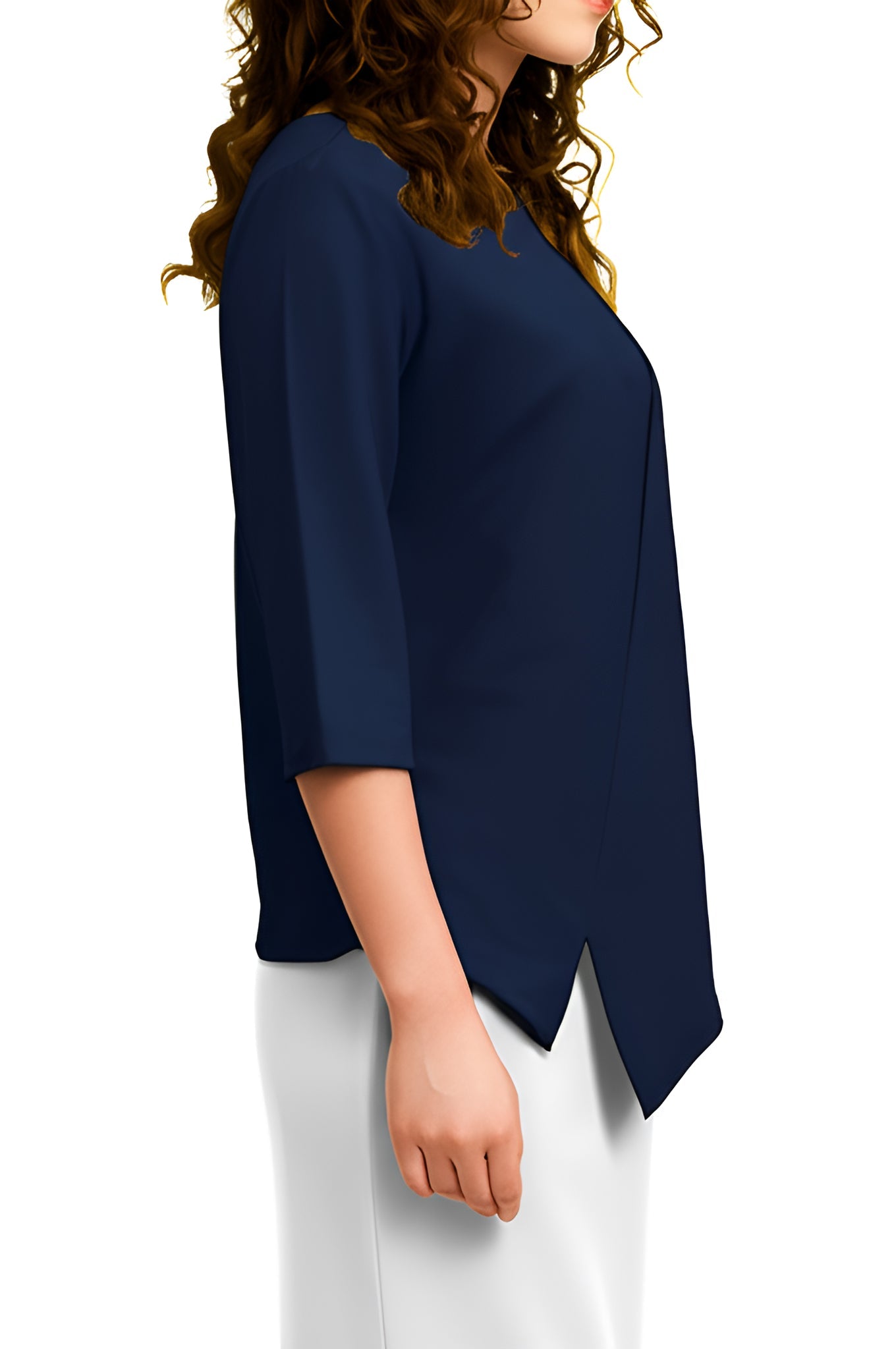 Asymmetric Waffle Knit T-Shirt with Elongated Front Hem - 3/4 Sleeve High Neck Women's Top