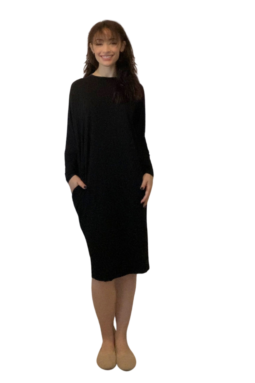 Batwing Long Sleeve Casual Comfort Midi Dress with Pockets