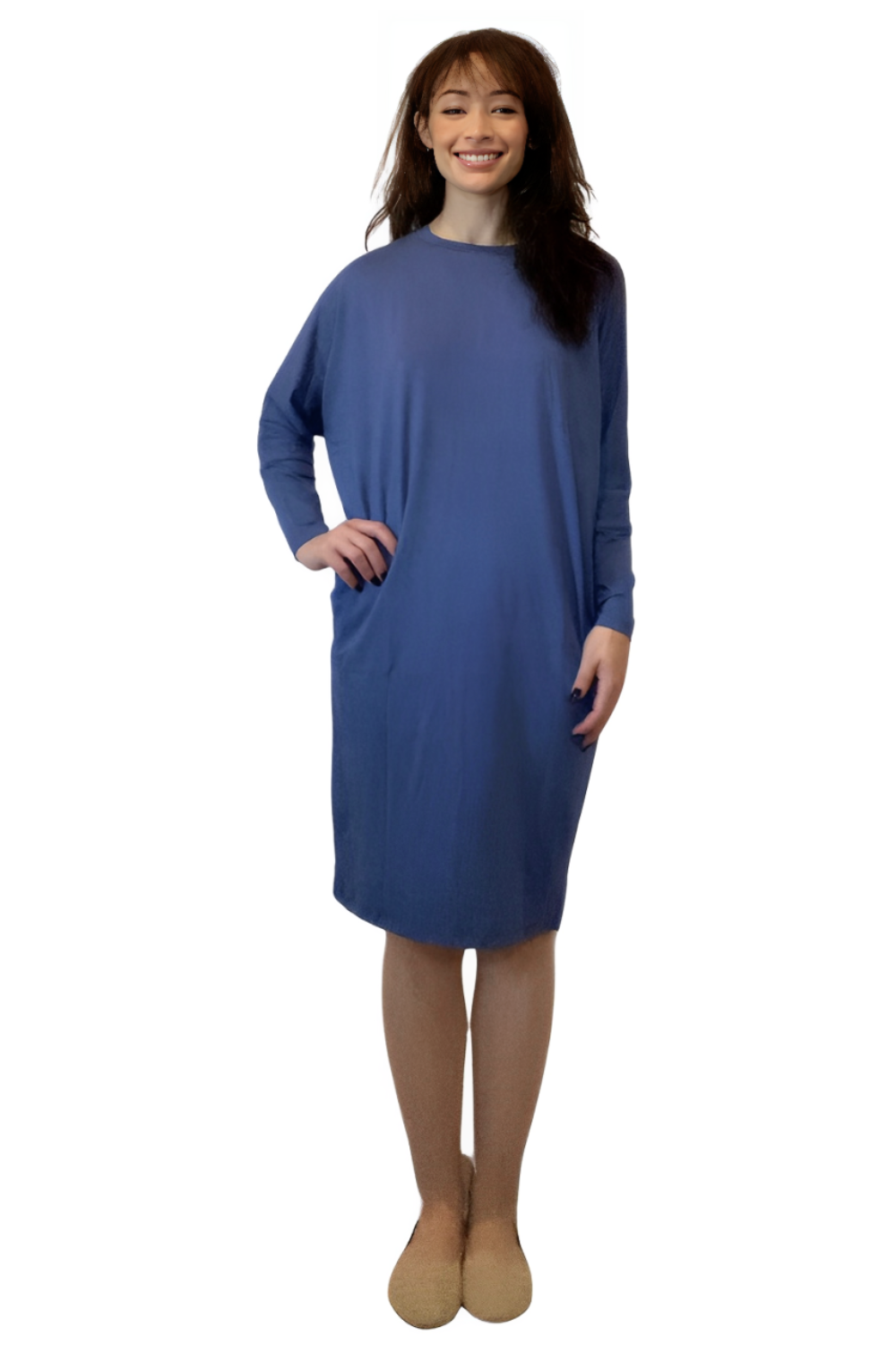 Batwing Long Sleeve Casual Comfort Midi Dress with Pockets