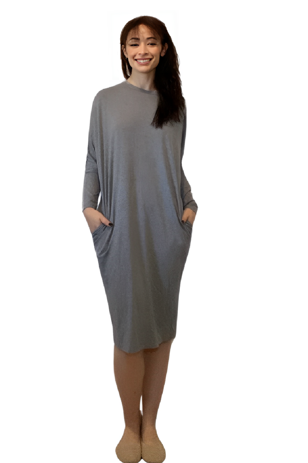 Batwing Long Sleeve Casual Comfort Midi Dress with Pockets