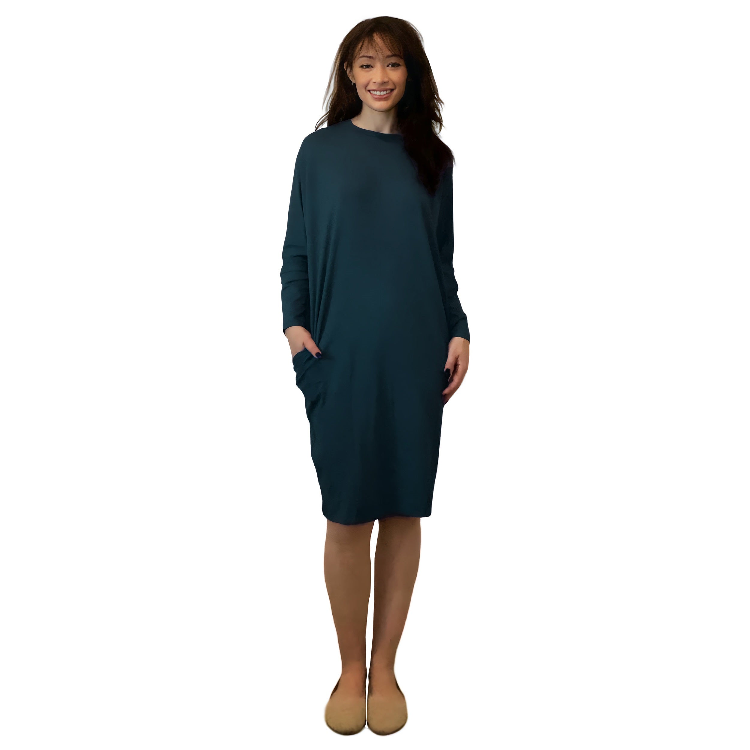 Batwing Long Sleeve Casual Comfort Midi Dress with Pockets